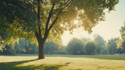 Obraz premium Lush park landscape bathed in morning sunlight.