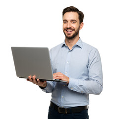 Portrait of young businessman standing, holding laptop and watching media with happy smile