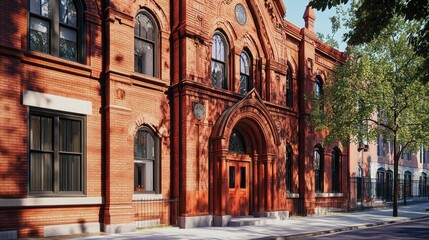 Majestic Red Brick Building on a Sunny City Street