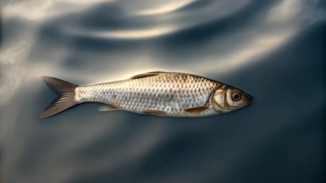 Silver fish with shining scale swims calmly in aquatic water, reflecting natural environment and peaceful fish life without crude oil harm