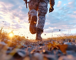 Soldier's boots on a gravel path during sunset