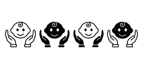 Baby Icons in Protective Hands Care and Safety Symbols Black and White Color Vector Design