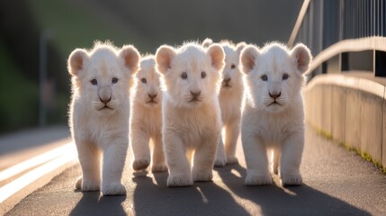 Five white lion cub cubs walking on paved path with sunlight, fluffy fur, concrete wall, and metal railing