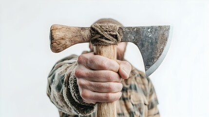 A bearded man presents a rustic hand-axe, its worn blade and bone handle, held firmly before a blurred background