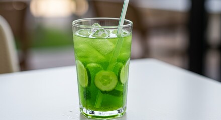 Refreshing Cucumber Lime Drink with Ice in Glass