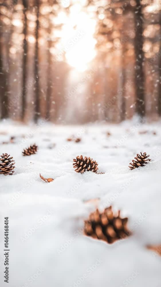 Poster several pine cones lie on the snow covered ground of a forest, illuminated by the warm glow of the s