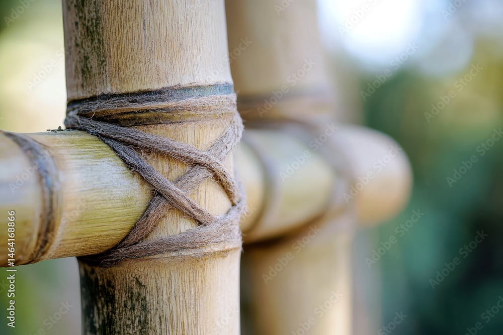 Aufkleber close up of bamboo stalks tied together with rope in a garden setting with blurred background view