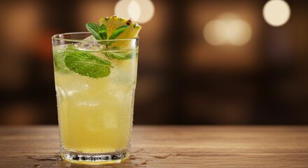 Refreshing Pineapple Mint Cocktail in a Glass on Wooden Table