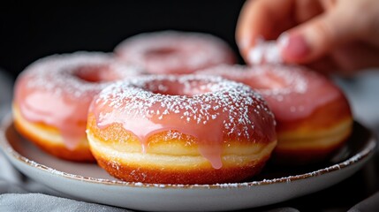 A tempting selection of freshly glazed pink donuts, adorned with a delicate dusting of powdered sugar, perfect for satisfying your sweet tooth and indulging in delicious moments.
