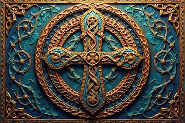 Intricate Celtic knotwork interwoven with a cross design , node, history, abstract