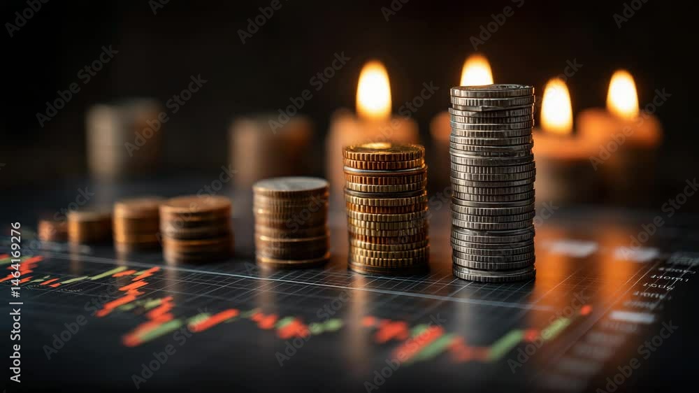 Poster stacks of coins are arranged in ascending order on a financial chart, illuminated by candlelight in 