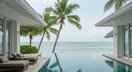 Serene vacation retreat woman enjoying scenic ocean view from private villa pool maldives travel photography tropical paradise relaxation