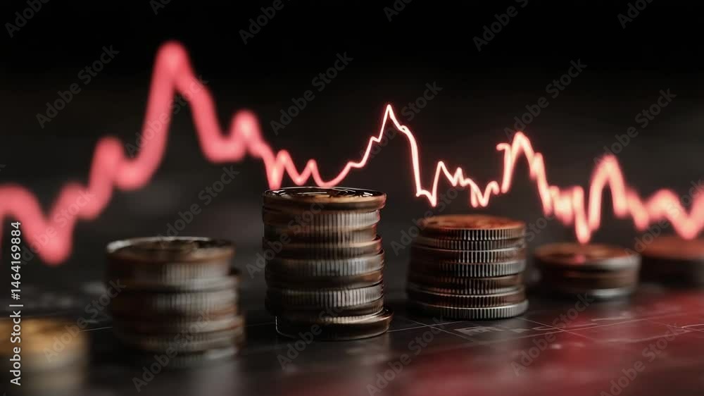 Poster stacks of coins in focus with a fluctuating stock market graph in the background.