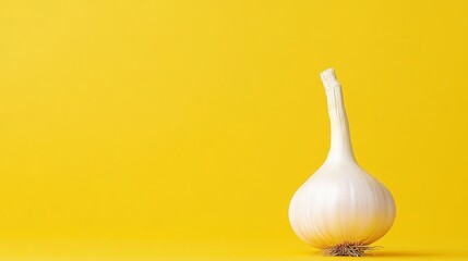 Single, Vibrant White Garlic Bulb on a Bold Yellow Backdrop, Perfect for Food Photography