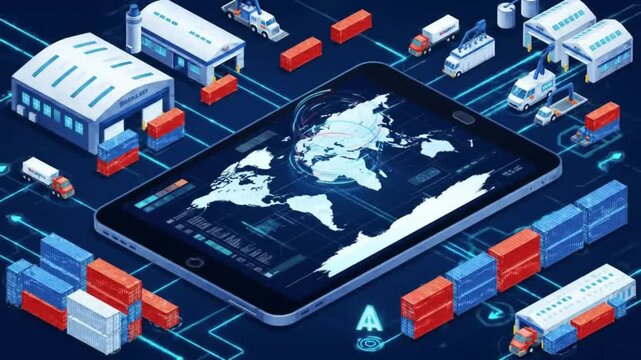 Global Logistics & Supply Chain Management:  A Digital World Map on Tablet Showing Worldwide Distribution Network - Powered by Adobe