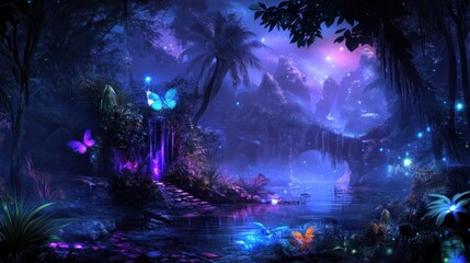 Fototapeta premium Enchanted Night in a Tropical Paradise: A Dreamlike Fantasy Landscape