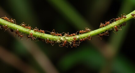 Fototapeta premium Ants Gathering on Green Vine in Close-up Macro View