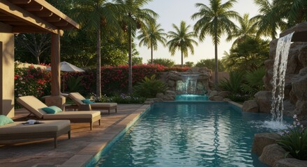 Serene Tropical Pool and Waterfall Oasis
