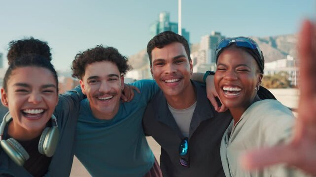 Selfie, runner and smile with friends in city for workout success, training achievement and photography. Profile picture, fitness club and exercise with people outdoor for post, health and sports pov