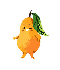 Cute pear with happy face thumbs up and winks. Joyful fruit approves with hand gesture. Funny cartoon character shows Good sign, smiles. Flat isolated drawing vector illustration on white background