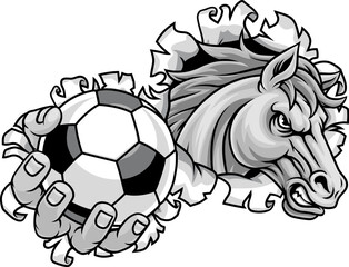 Horse mustang bronco stallion soccer football angry sports team mascot holding a ball.