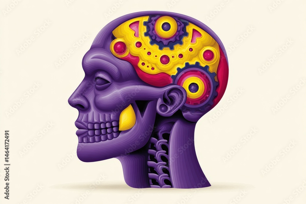 Aufkleber a modern artistic rendition of a skull with colorful gears and cogs in the brain illustrating the fu