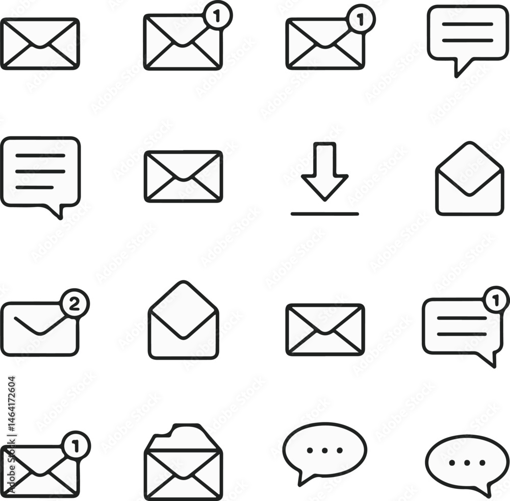 Poster collection of envelope and message icons illustrating email communication and notifications