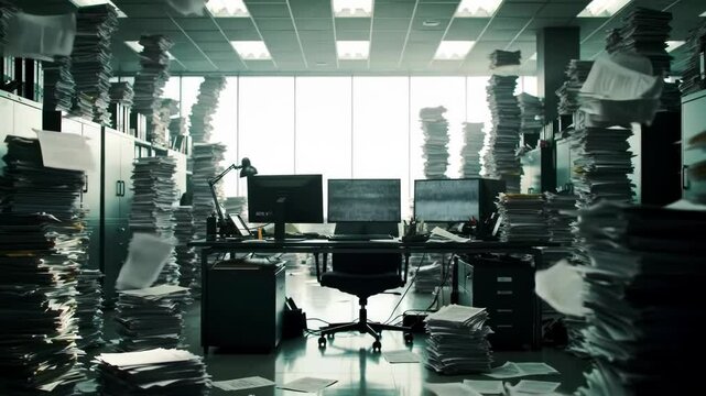 Overwhelmed Office: Towering Paperwork and Computer Screens - Powered by Adobe