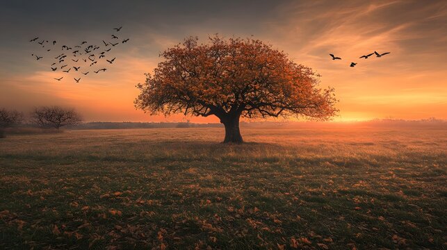 Autumnal landscape at sunrise with a solitary tree and bats.