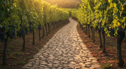 Naklejka premium Sunlit Vineyard Path with Ripe Grapes