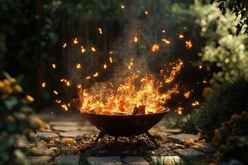 A blazing fire pit with sparks flying in a lush garden setting with stone pathway visible nearby