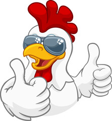 A chicken rooster cockerel bird cartoon character in cool shades or sunglasses giving a double thumbs up