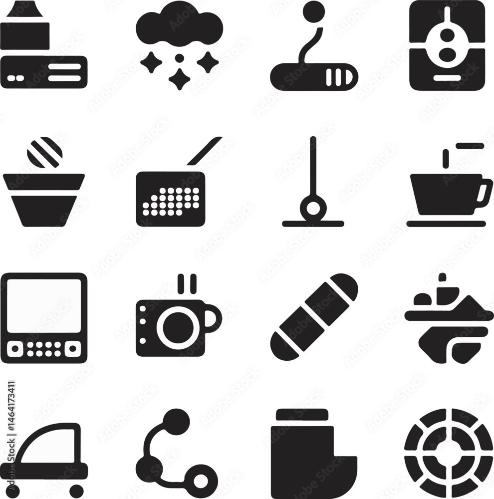 Poster set of black vector icons representing diverse concepts and symbolic elements
