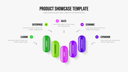 Financial Visualization 5 Option Diagram Slide Template. Market Performance Five Step Infographic Presentation Design. Company Innovation Frame Layout Vector Illustration.