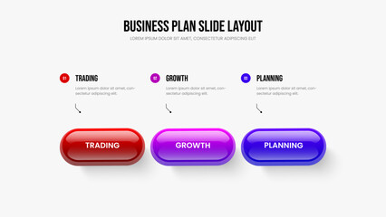 Sales Strategy Three Step Diagram Presentation Template. Financial Planning 3 Option Infographic Slide Layout. Professional Review Slideshow Design Vector Illustration.