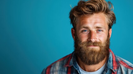 Fototapeta premium This captivating portrait features a smiling bearded man with striking blue eyes, creating an engaging and inviting atmosphere against a vibrant teal background.