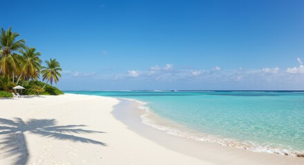 Fototapeta premium Tranquil Tropical Beach Scene: White Sand, Turquoise Water, and Palm Trees