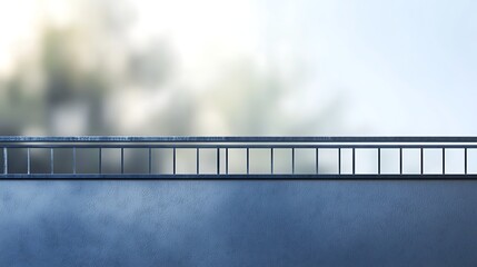 Modern metal railing with grid windows against blurry background