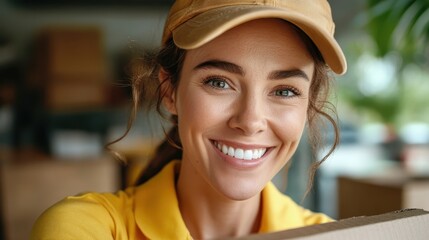 A cheerful woman in a yellow uniform and cap, smiling warmly while holding a box, representing dedication and customer service in the delivery industry.