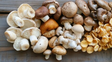 Assorted fresh mushrooms laid out on a wooden table. 4