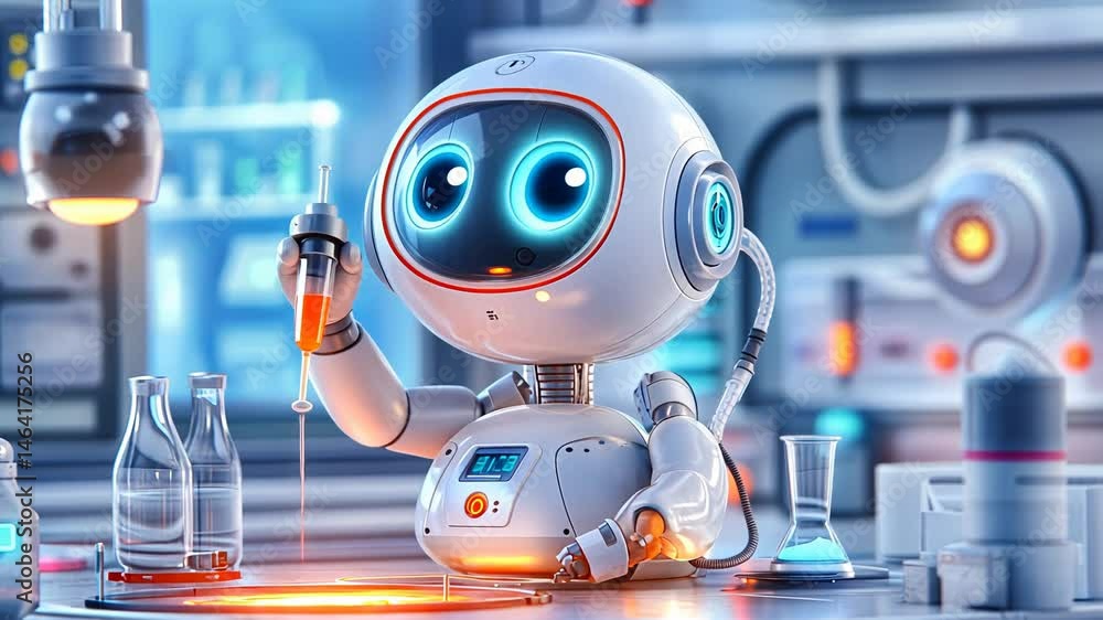 Poster adorable robot scientist conducting experiments in a futuristic laboratory setting.
