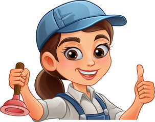 A woman female plumber holding a drain plunger tool builder construction cartoon character mascot.