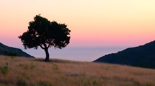 Solitary tree atop a hilltop field at dawn.