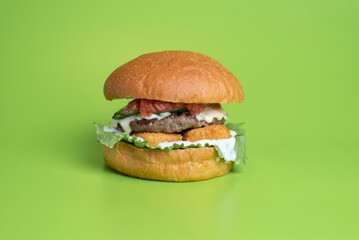 Appetizing tasty burger on a green background