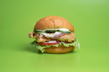Appetizing hamburger garnished with fresh lettuce and tomatoes on green background in studio