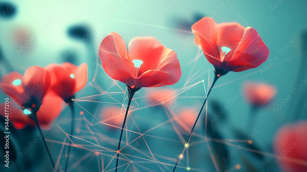 Poster vivid red poppies connected by an intricate network in a lush field