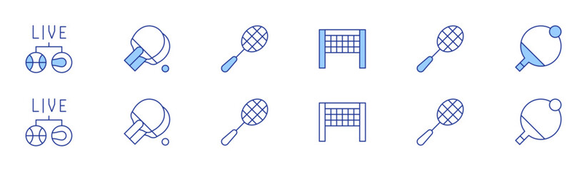 Tennis icon set in two styles, Duotone and Thin Line style. Editable stroke. livestreaming, net, pingpong, racket
