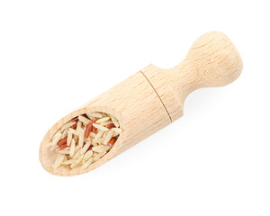 Different sorts of raw brown rice in scoop isolated on white, top view