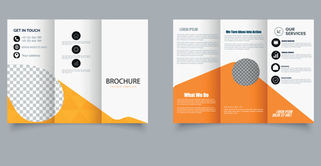 Modern Corporate Trifold Brochure Template with Geometric Design. Ideal for marketing agencies, corporate presentations, and business services.