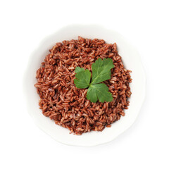 Delicious brown rice with parsley isolated on white, top view